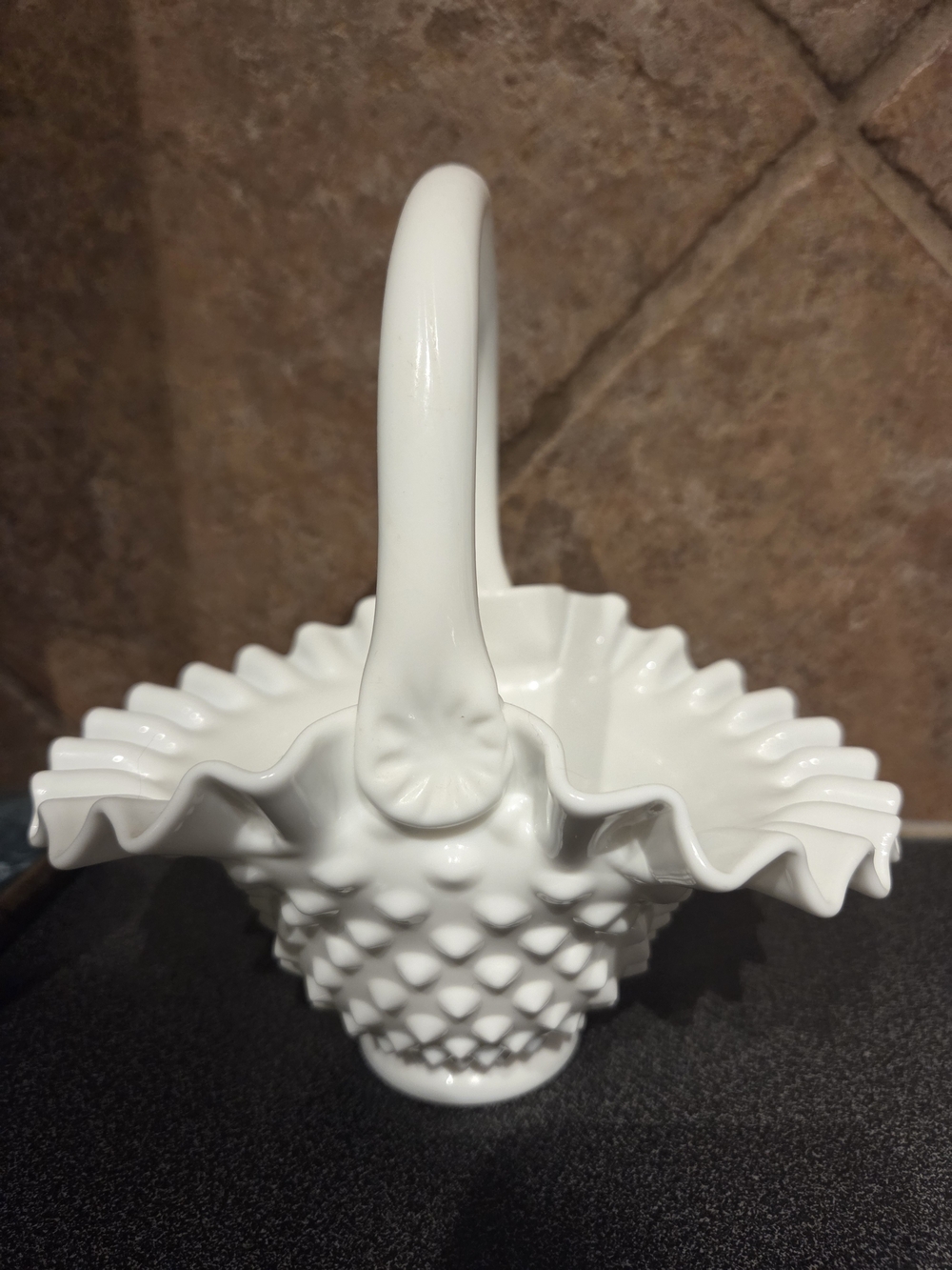 Fenton White Hobnail Milk Glass Basket with Ruffled Rim